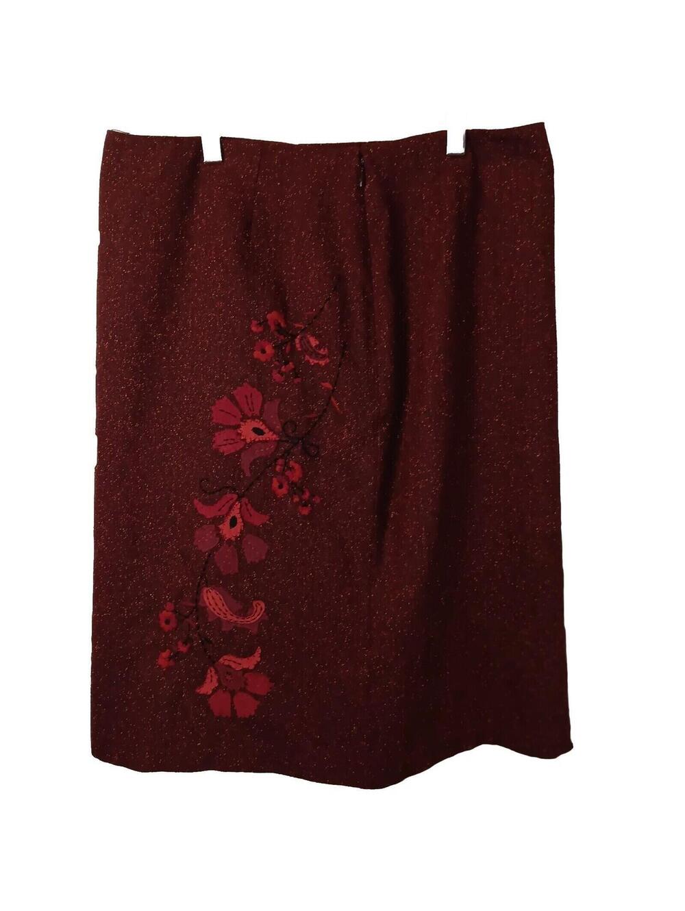 Bandolino Cranberry Western Embroidered Floral Pattern Silk/Rayon Skirt, NWT, 10 - Picture 5 of 6